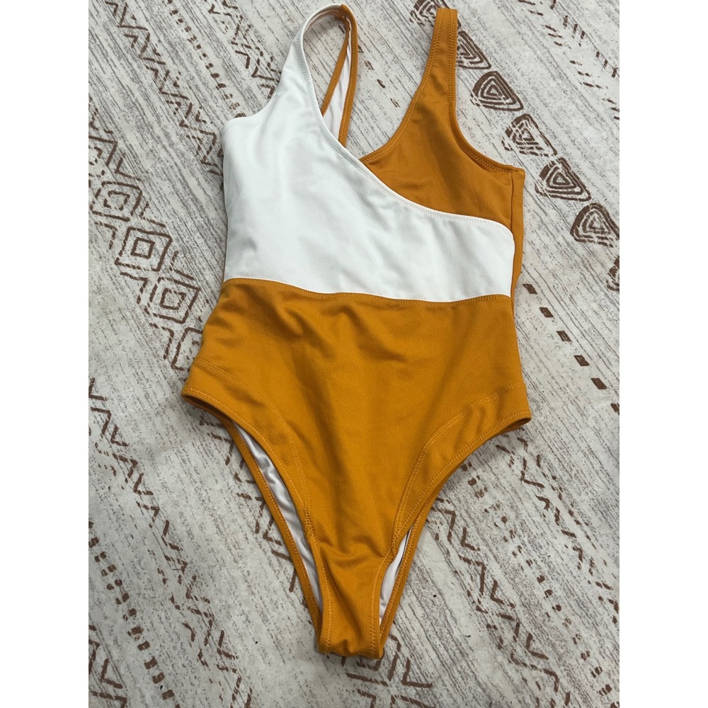 Cupshe Womens Mustard Yellow White Colorblock Ribbed One Piece Swimsuit Size M